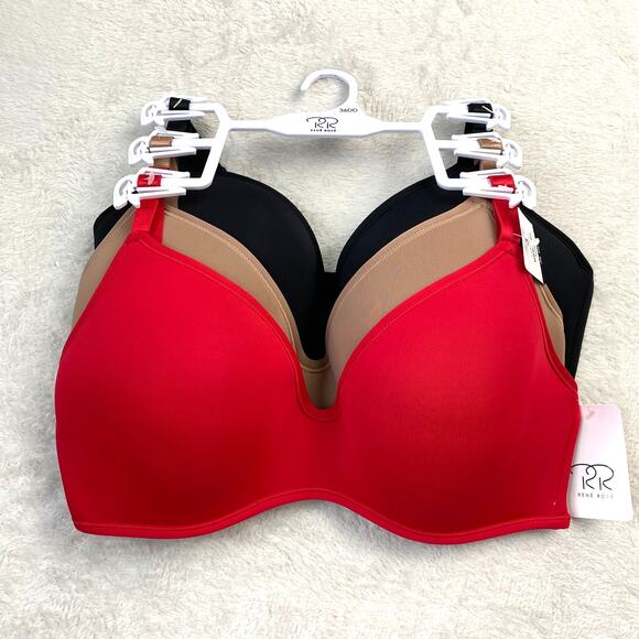 RENE ROFE Comfort Wirefree Bra 36DD 3pk Black Brown Red Smooth Wireless NWT - Picture 1 of 10